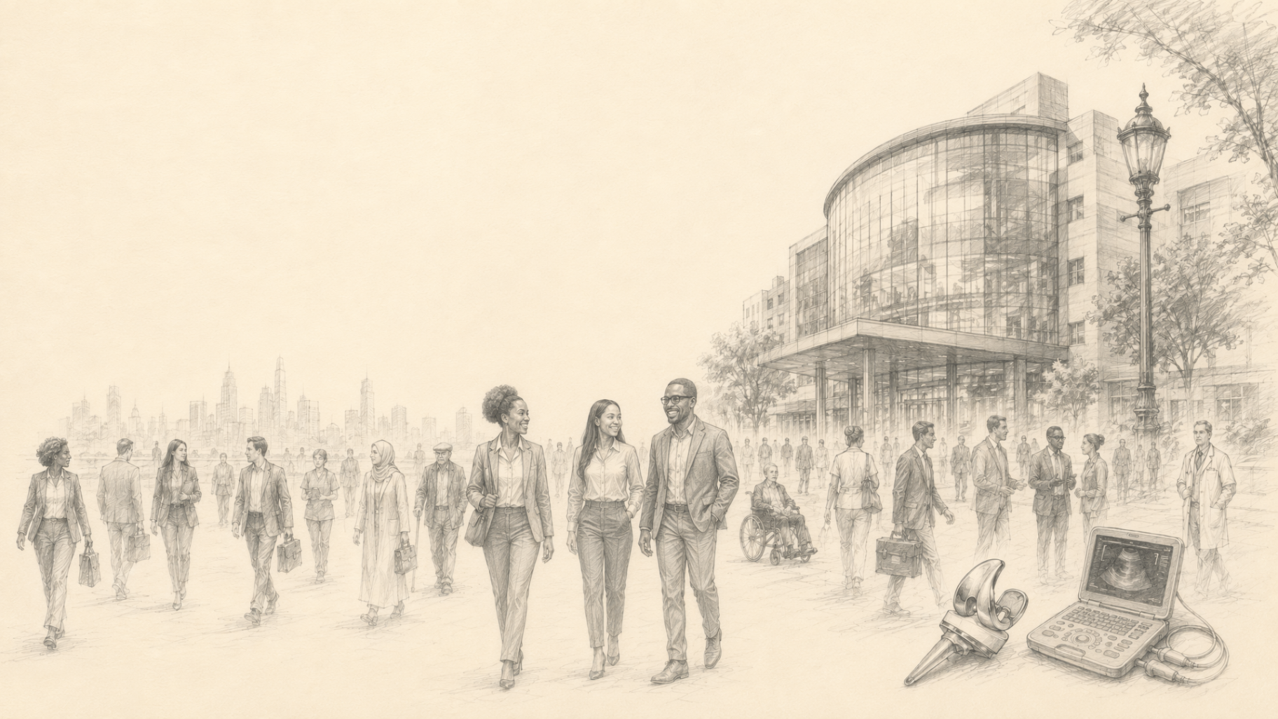 Pencil tonal drawing of independent MedTech sales reps walking through a modern city toward a glass medical building, with an ultrasound machine and otoscope in the foreground and a skyline behind.